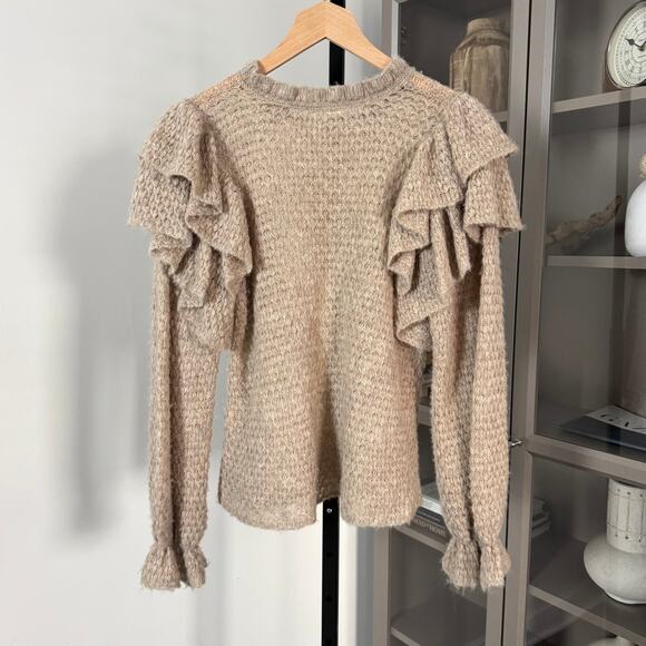 Ulla Johnson Camilla Frill Tan Baby Alpaca Ruffle Shoulder Sweater M Knit Top - Picture 5 of 7